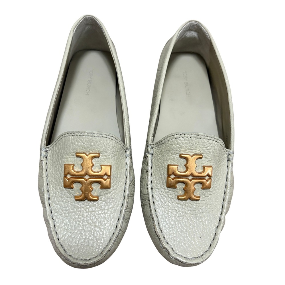 Tory Burch Womens 7.5 Everly Driving Loafer Green Leather Gold Double T Logo
